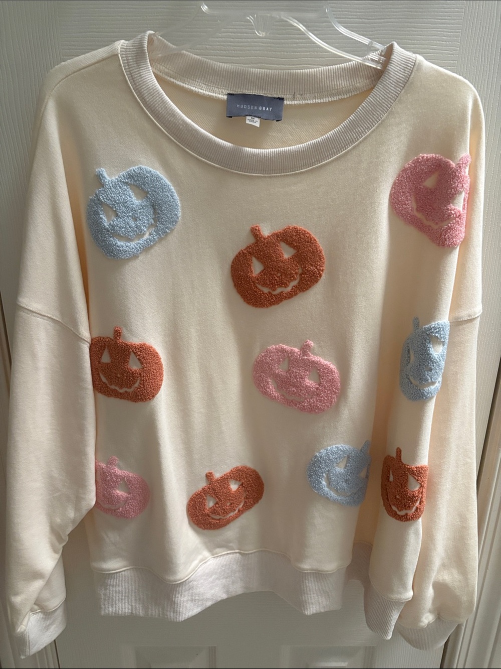 NWOT Hudson Baby Cream Sweatshirt with Pink Blue and Orange Pumpkin Puffs